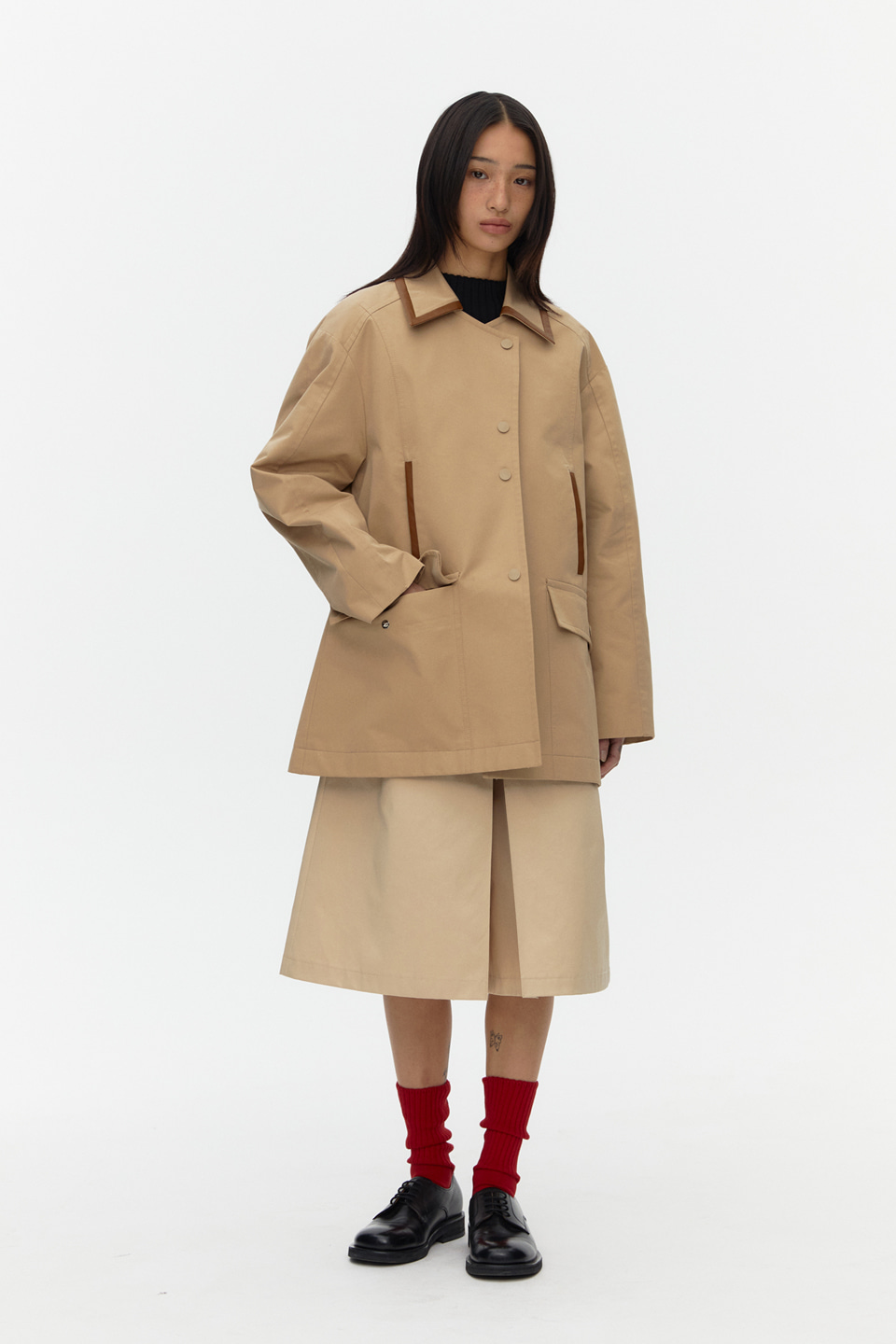 Leather Combo Half Trench_BEIGE