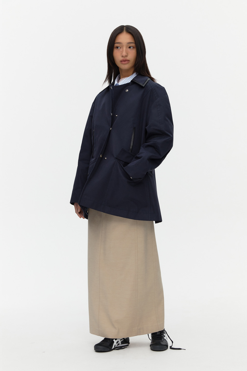 Leather Combo Half Trench_NAVY