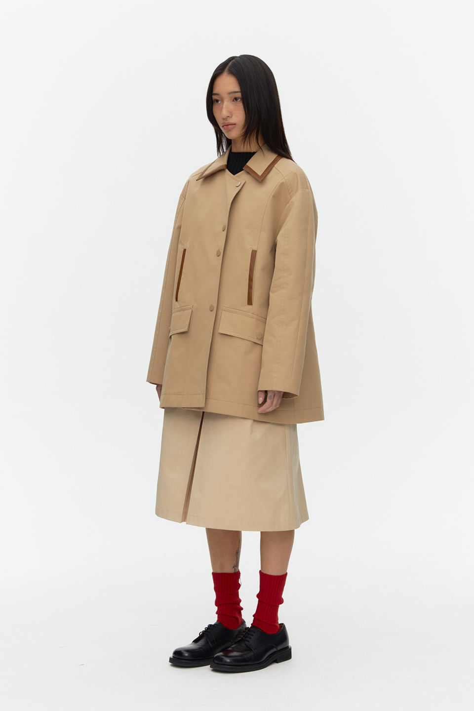 Leather Combo Half Trench_BEIGE